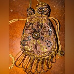 Vintage COTTAGECORE FAIRY Gold and Brown Beaded Drawstring Coin Purse